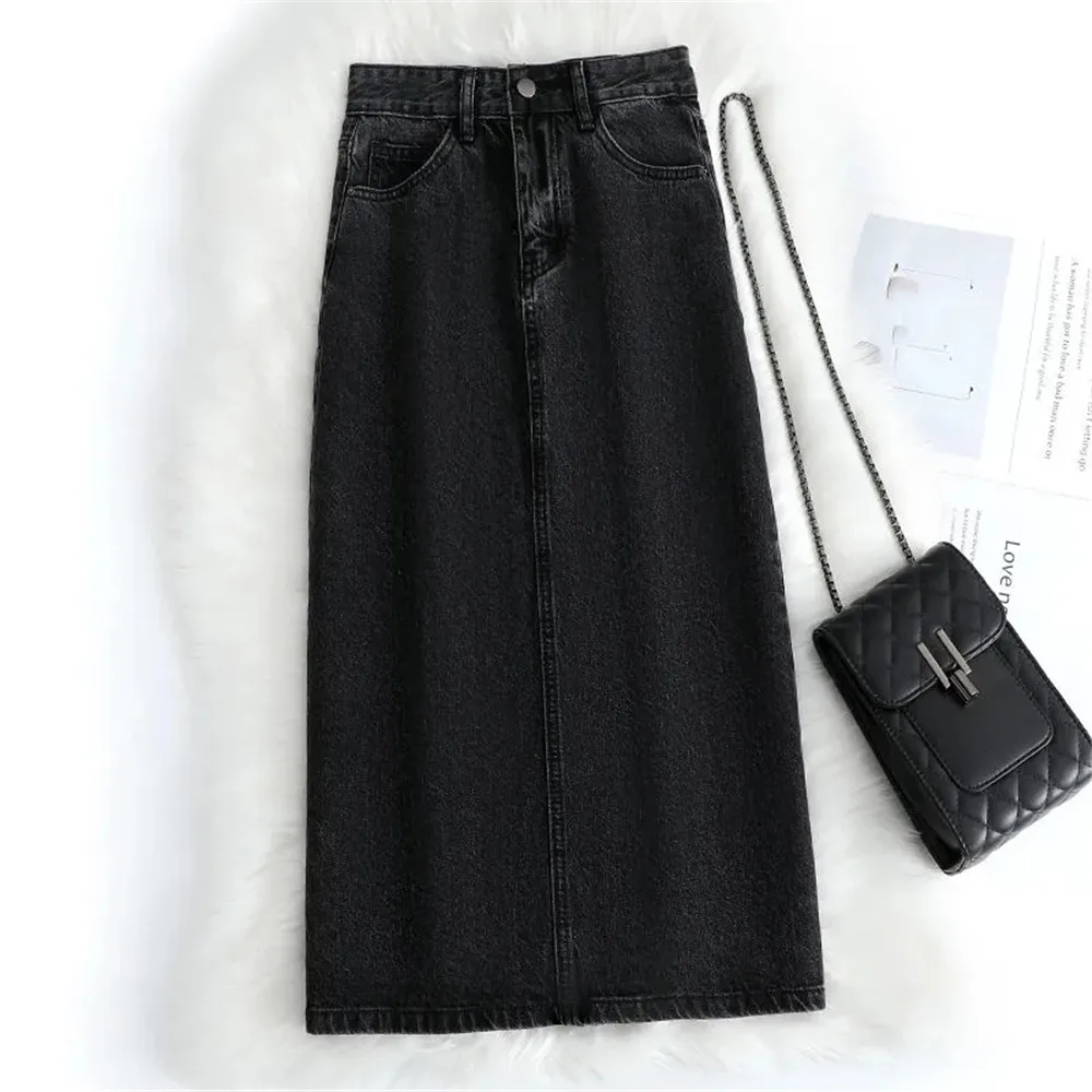 Women Denim Skirt Spring A Line Summer High Waist Loose Split Hem Dark Blue Chic Casual Streetwear Jean Midi Skirt Streetwear