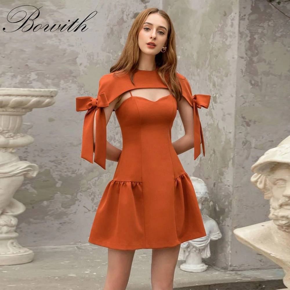 

Bowith Women Mini Party Dresses O-Neck Cape Sleeves Bow Short Evening Dresses Customized Spaghetti Straps Prom Gown Summer Dress