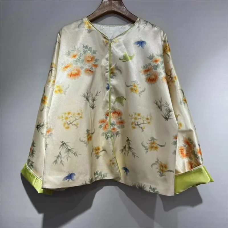 New Chinese Style National Shirt Women's Loose Retro Silk Embroidered Long-Sleeved