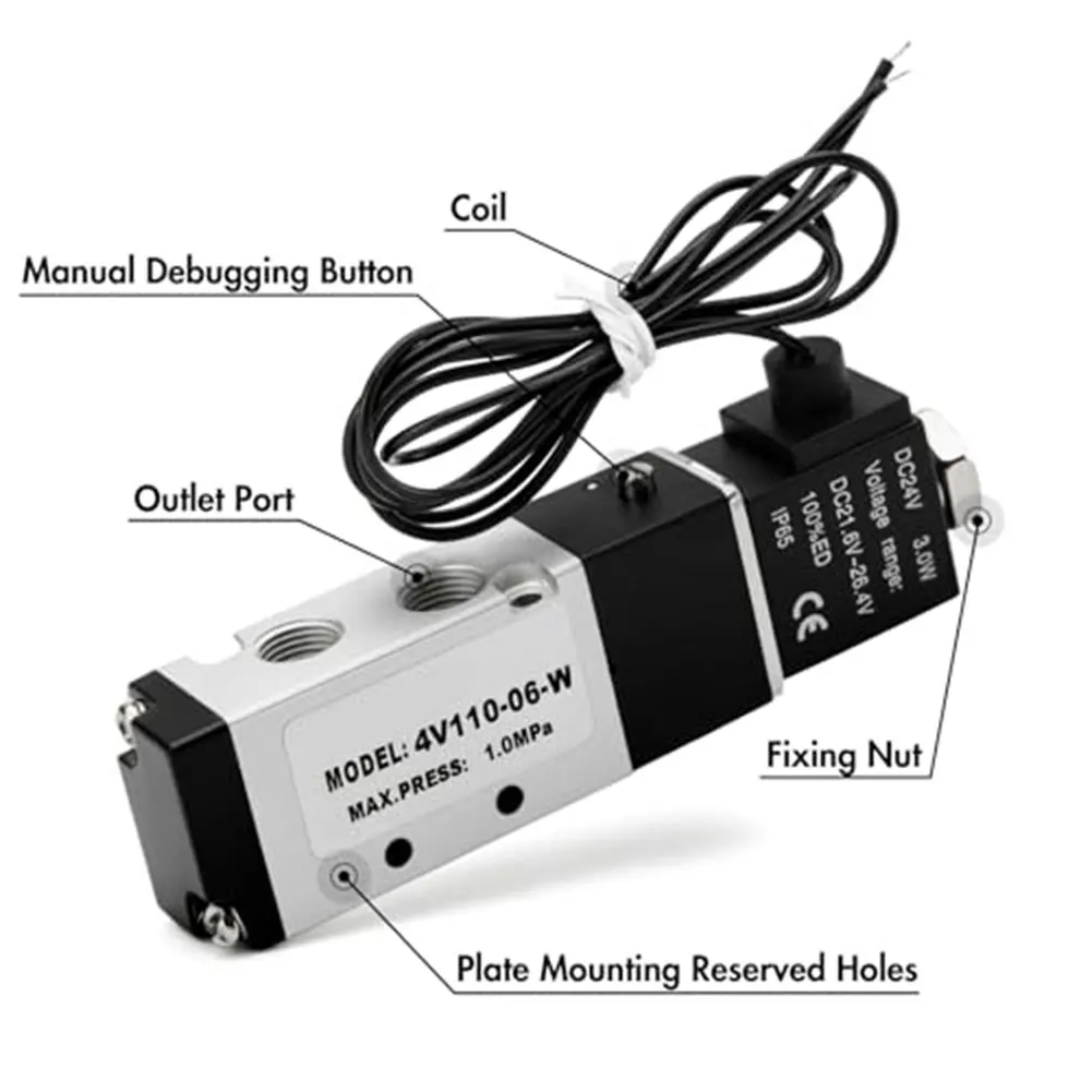 24V DC Solenoid Valve 2 Position 5 Way with Aluminum Construction and Integrated Filtration for High Performance