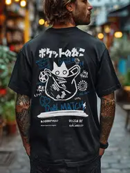 Hip Hop T-Shirt Men Women Streetwear Japanese Kanji Funny Cat Print T Shirt 2024 Harajuku Cotton Casual Short Sleeve Tshirt Tops