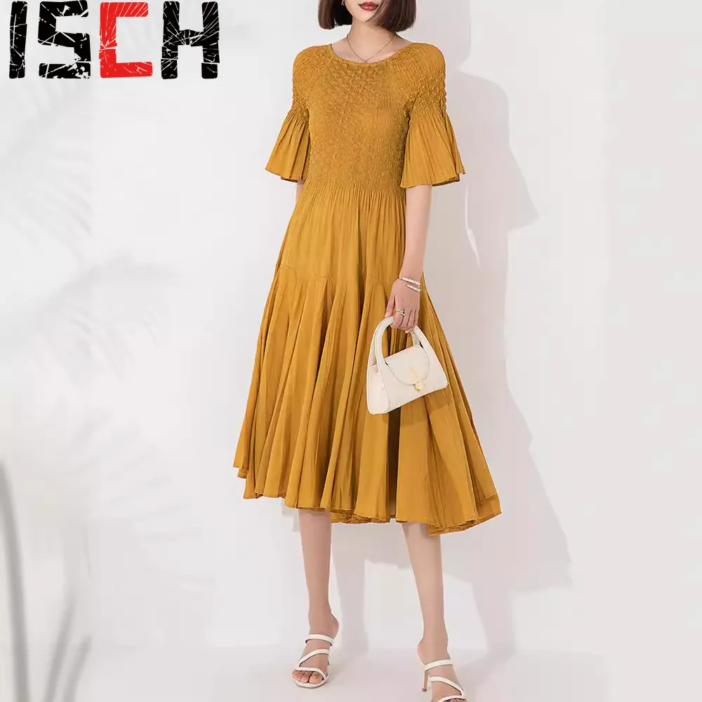 

Pleats 2024 Summer New Swing Dress Women Pleated Temperament Commuter Waisted Design Flared Sleeve Mid-length Skirt Clothing