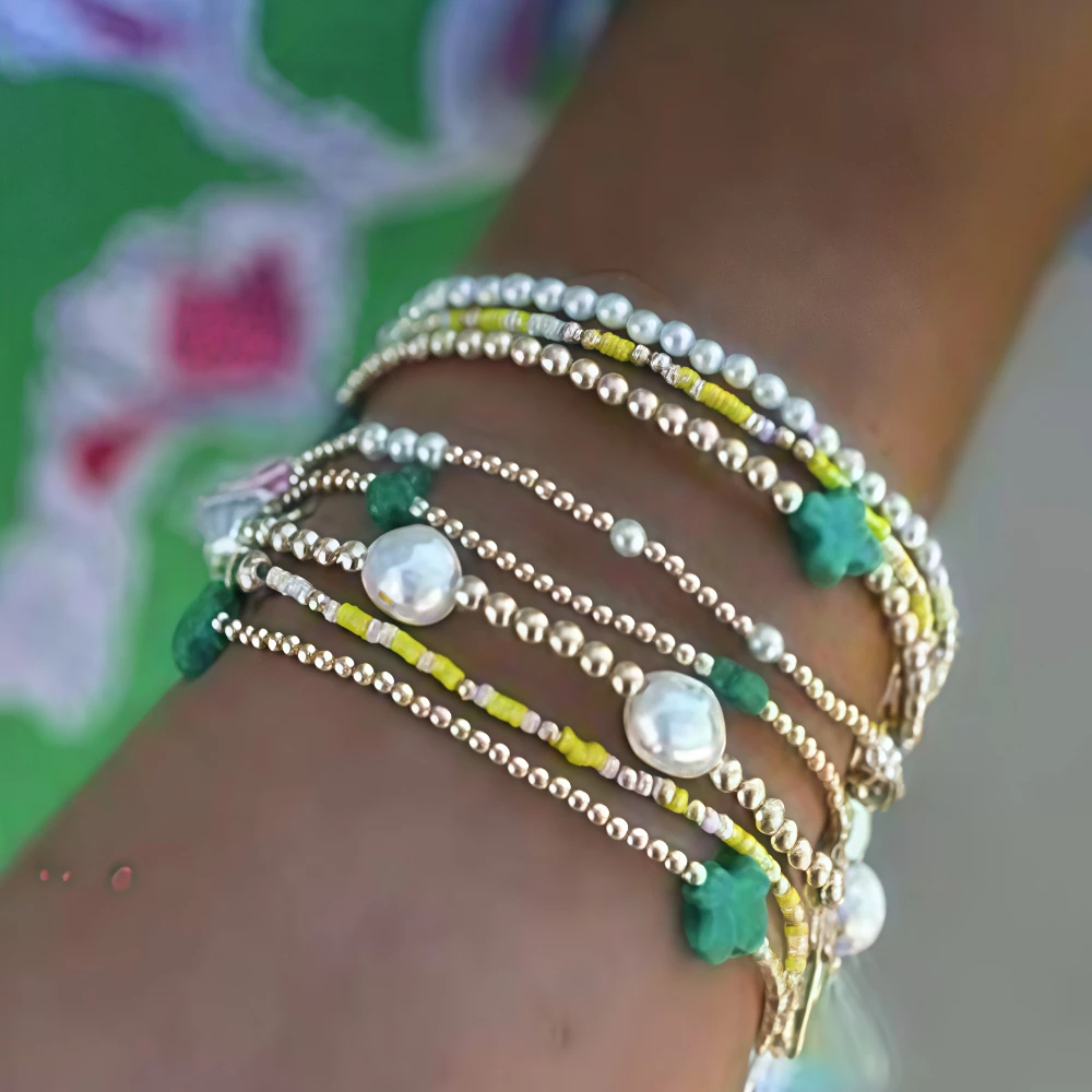 YEEVAA Green Cross&Pearl Stackable Stretch Bracelet Set, Gold Plated Yellow Beaded Layered Bracelets for Women Fashion Jewelry