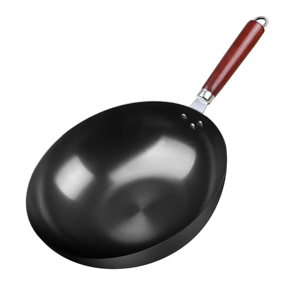 

Thickened Without Ear Chinese Seasoning Iron Wok Wooden Handle Uncoated Cast Iron Pot Non-stick Cooking Wok Professional Kitchen