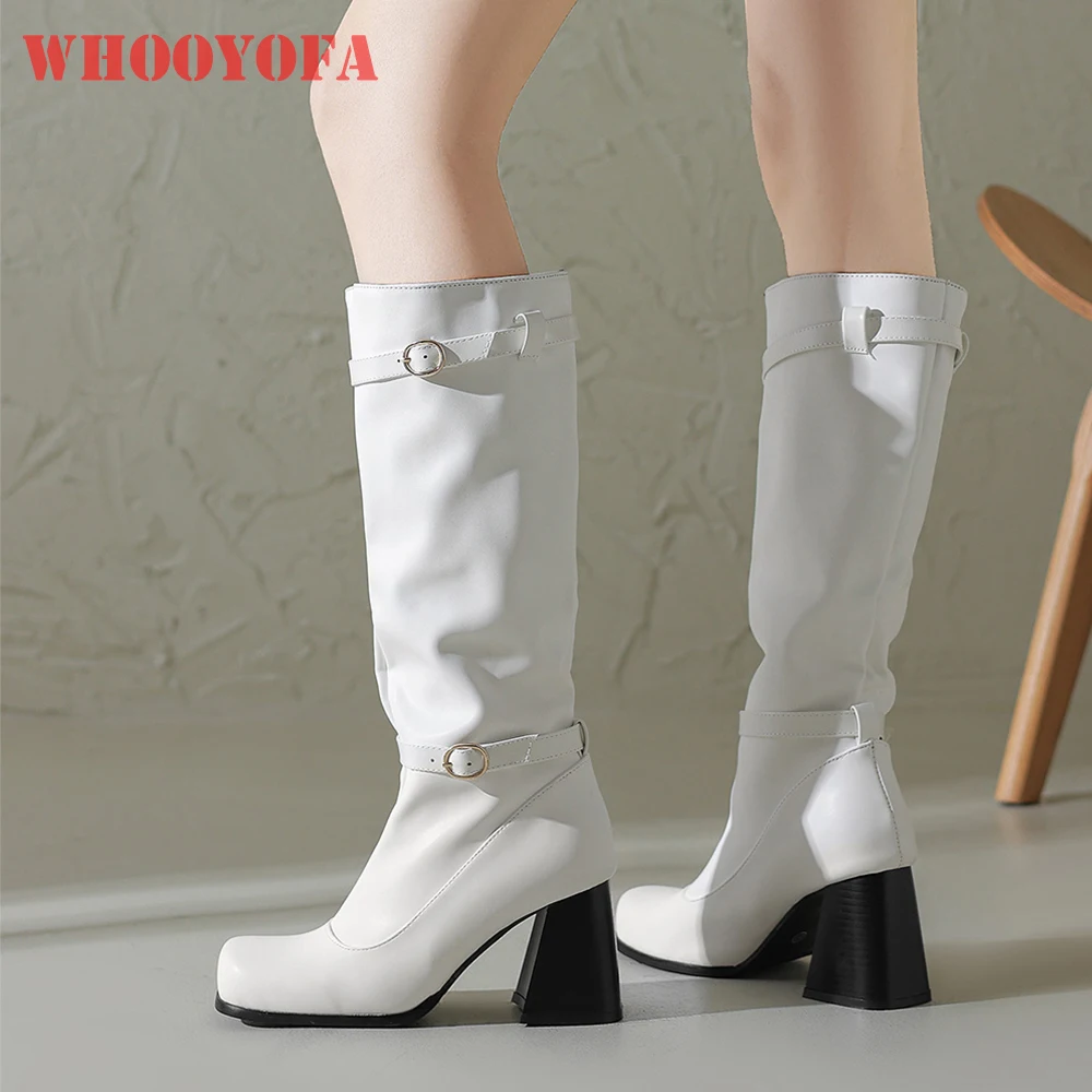 2026 Winter Mature Women Knee High Boots 8cm High Block Heels Wide Fit Lady Western Shoes Large Size 12 43 46 48 Non-slip