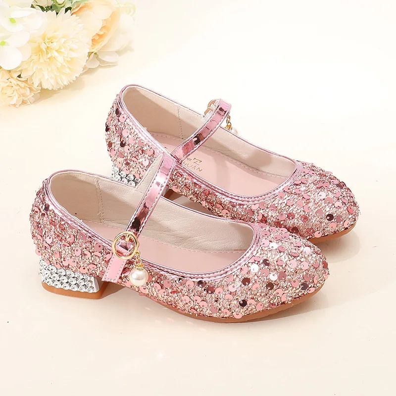 New Girls High Heels Fashion Shiny Sequins Children's Leatehr Shoes Pink Silver Crystal Princess Wedding Dress Dance Party Shoes