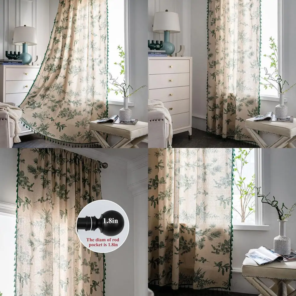 

Cotton Linen Boho Tassel Green Semi-Blackout Curtains, 84 Floral Farmhouse Panels for Living Room & Bedroom, 2-Pack