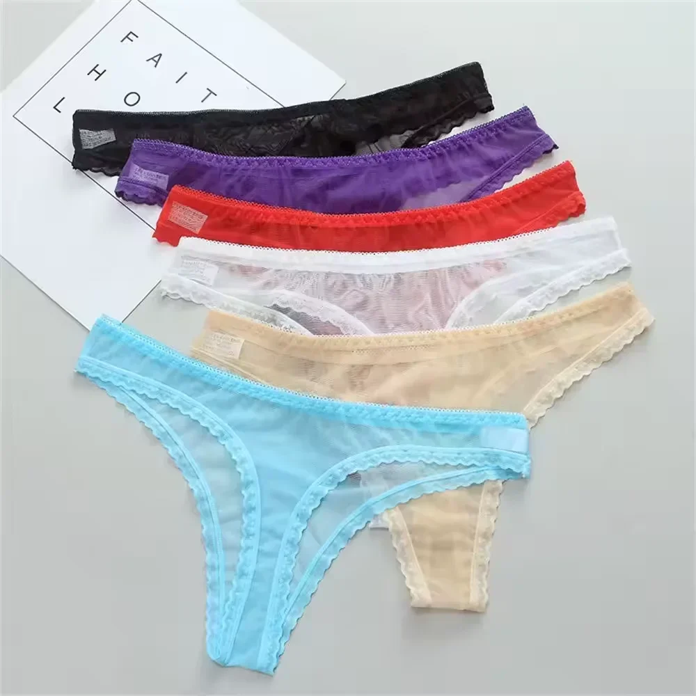 Sexy transparente tanga calcinha feminina renda ver através da virilha malha inferior sexy sem costura baixo-rise t-calças lingerie sexy