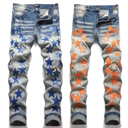Men’s slimming denim pants light luxury stars embroidery jeans trendy ripped casual jeans street fashion jeans pants men;