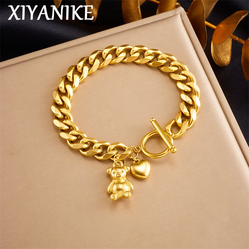 XIYANIKE 316L Stainless Steel Gold Color Bear Charm Bracelet For Women Girls New Fashion Heart Shaped Wrist Chain Jewelry Gifts