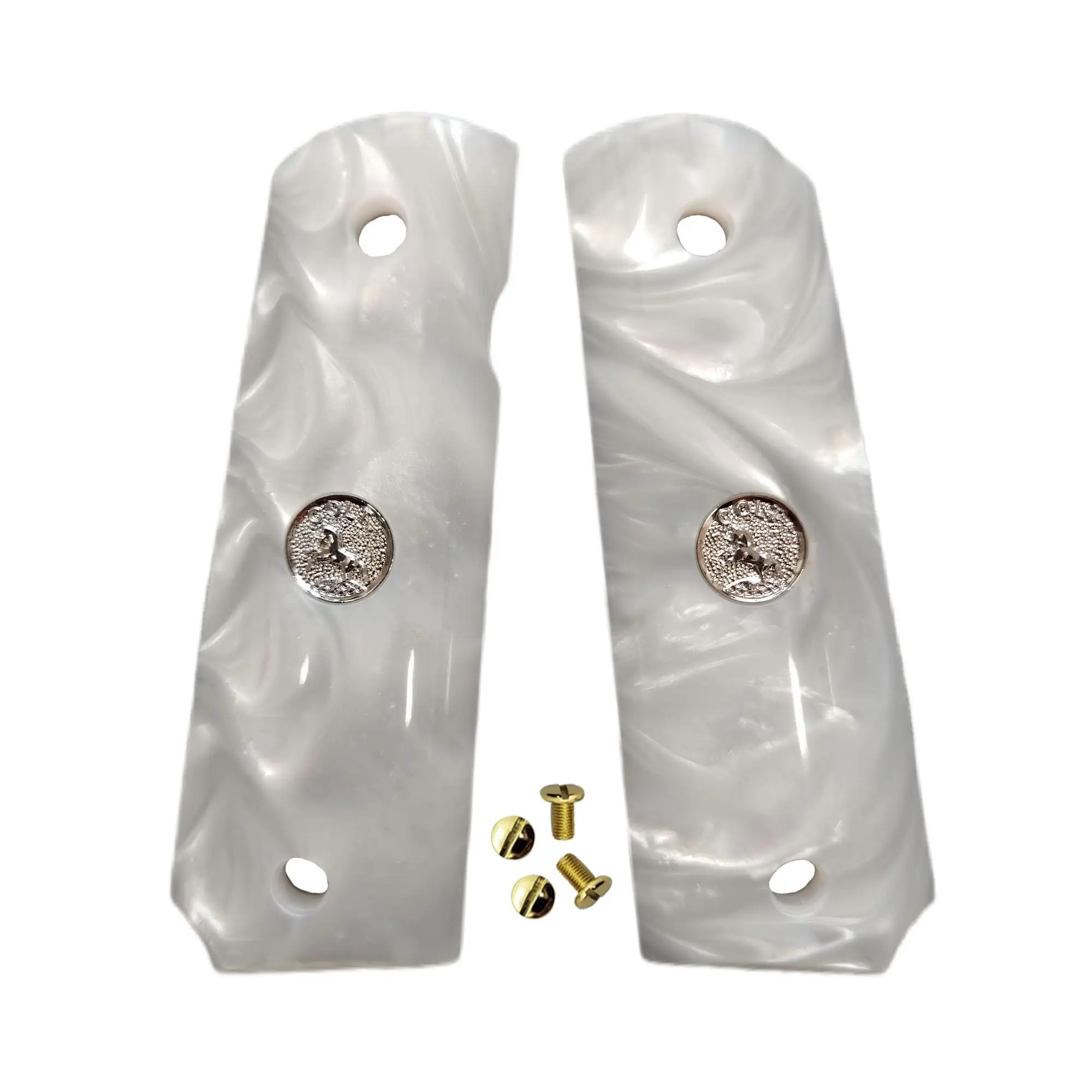 1911 Grips Full Size, White Pearl Silver Colt Medallion, geschikt voor Colt, Kimber, Springfield, Remington, Rock Island, Government Commander