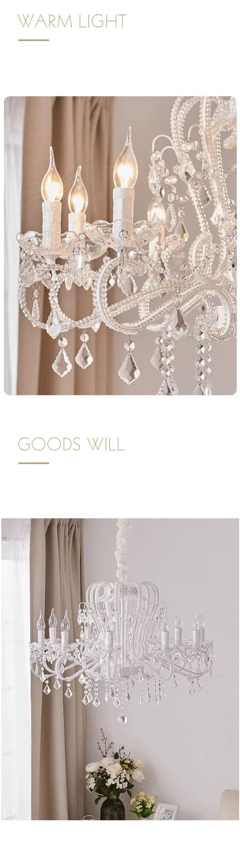 American Crystal Candle E14 Chandelier White Gold Metal