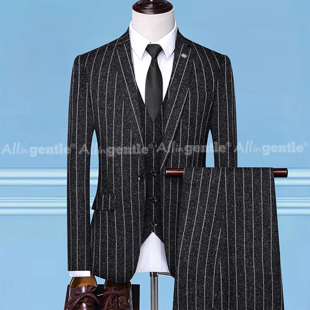 Mens 3 Piece Suits Regular Fit Long Sleeve Elegant Daily Casual Striped 3 Piece Suits For Men Single Button