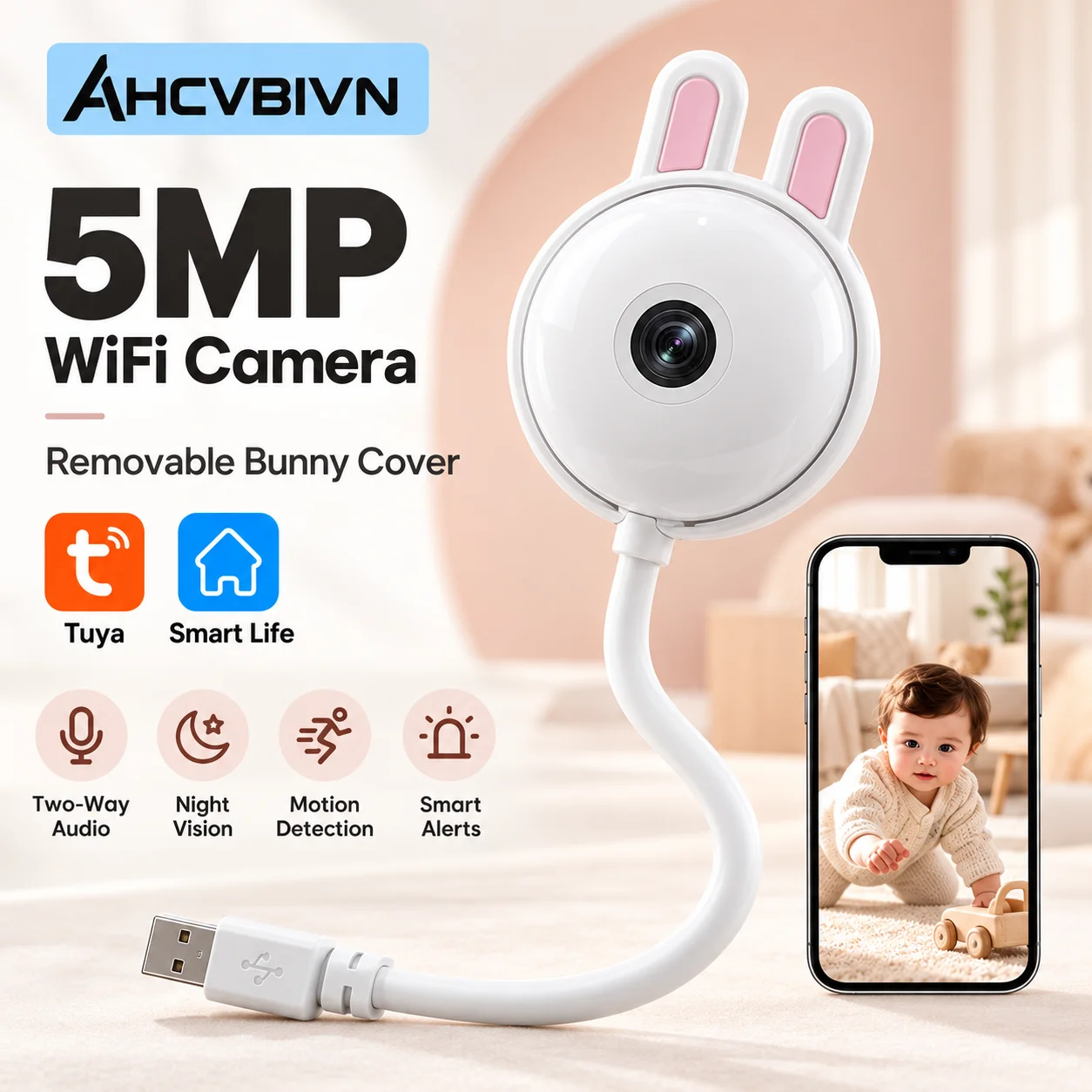 5MP WiFi Indoor Camera Mini USB Wireless Light Bulb Design Motion Detection 2-Way Audio Baby Monitoring Home Pet Surveillance