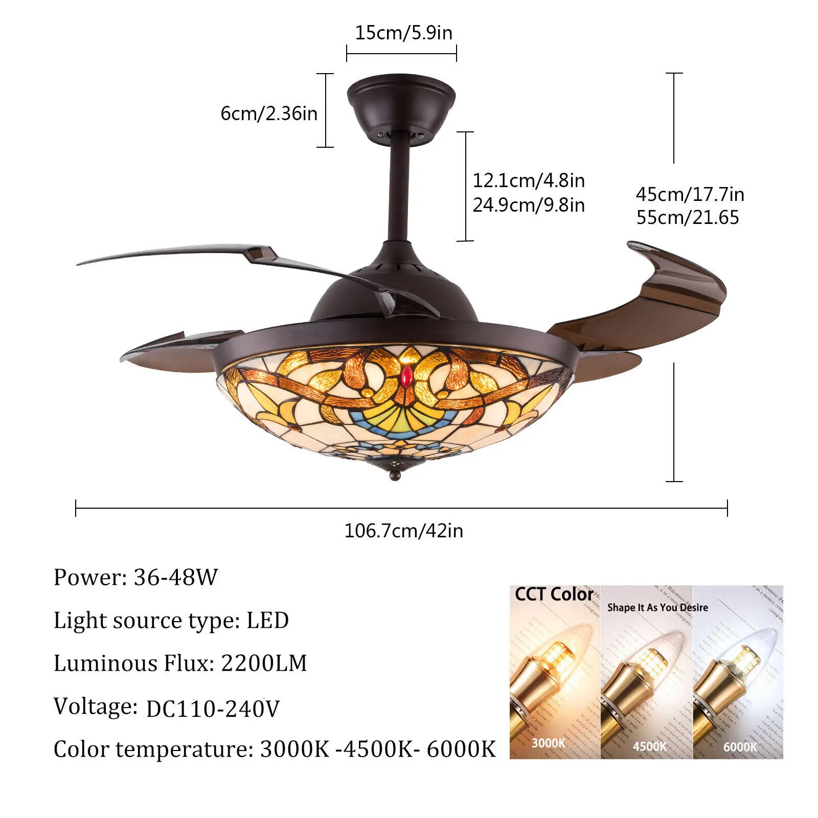 Imagem -05 - Tiffany Invisible Ventilador de Teto Luz Led Retro Vitral Regulável Lustre Lâmpada Pingente Retrátil Controle Remoto 42