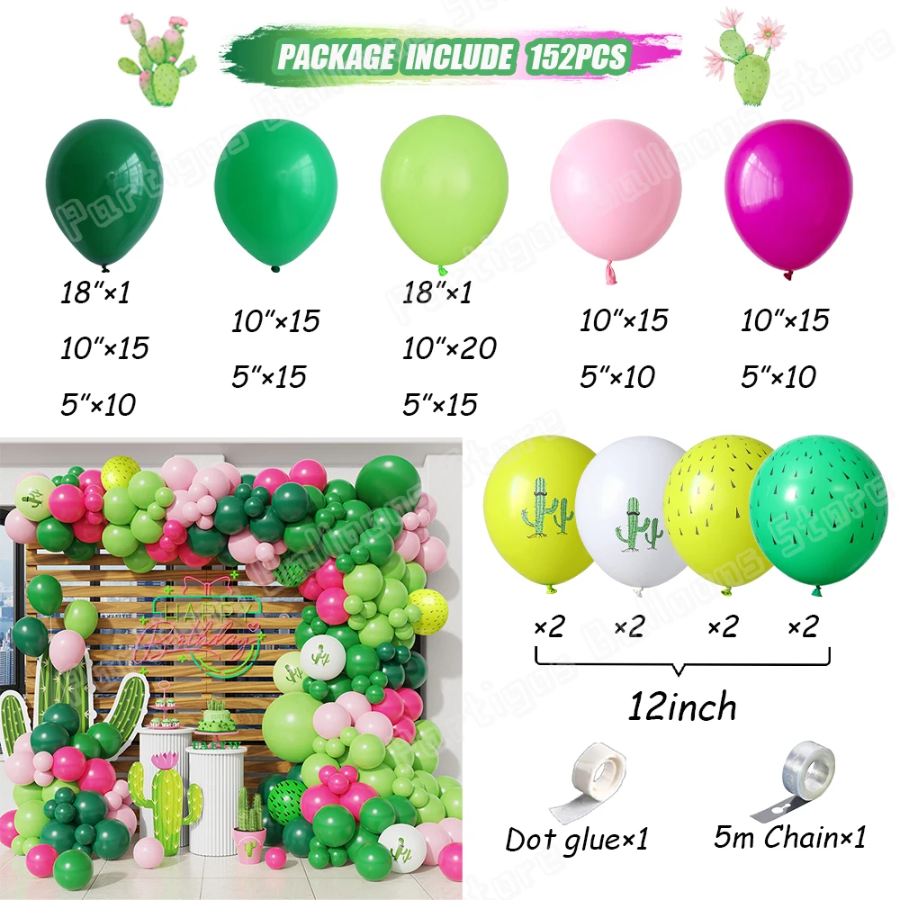 152Pcs Mexican Fiesta Party Balloon Garlan Arch Kit Cactus Thorn Latex Balloon Globals Taco Twosday Decor Birthday Party Supplie