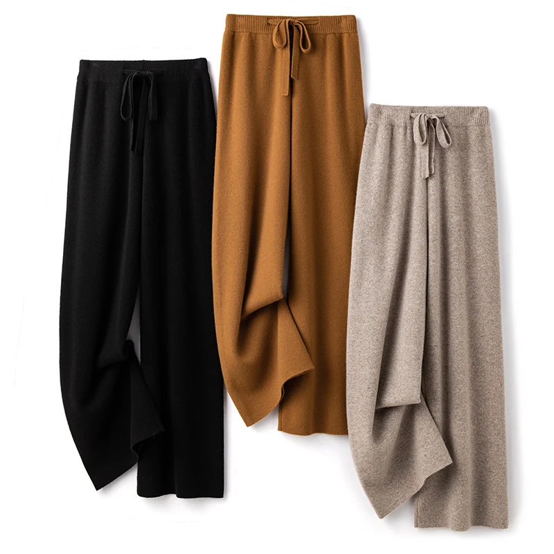 Women Pants 100% Australian Wool Knitted Wide Leg Pant 2023 Winter Warm Long Trousers Pure Woolen Female Leggings JA01