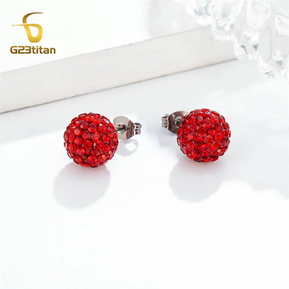 Sparkle Red Rhinestone Clay Bead Earrings G23 Titanium Ear Piercing Women Jewelry Crystal Pave Disco Ball Stud Earings Shambhala