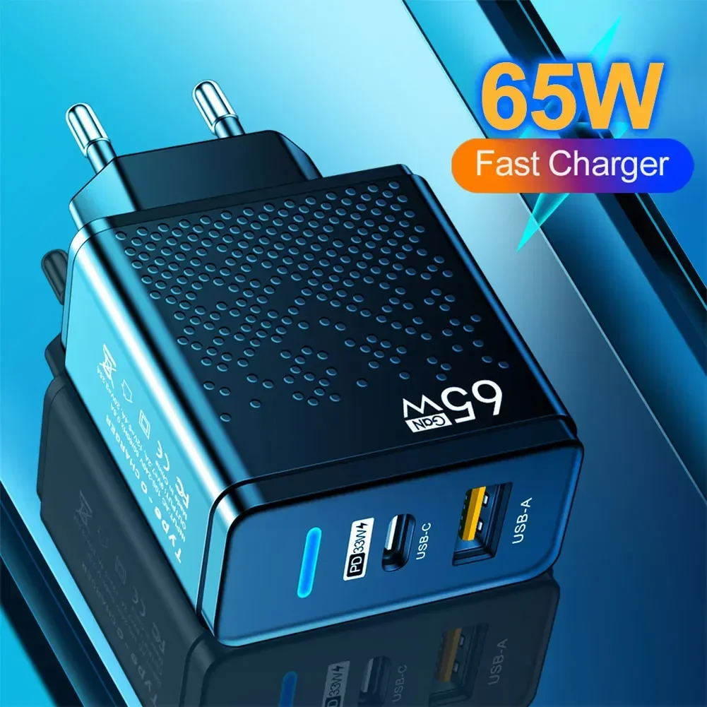 65W GaN Phone Charger USB PD Real Fast Charging Mobile Phone Type C Quick Charger Adapter High Speed for IPhone Huawei Xiaomi