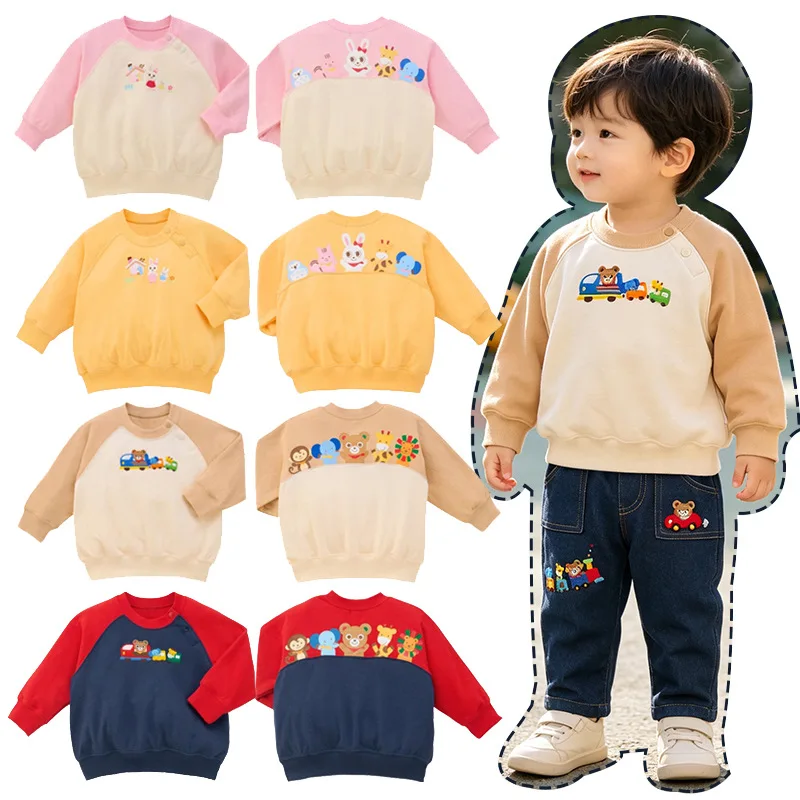 Japanese Korean Kids Boys Girls Sweatshirt Baby Bear Rabbit Raglan Sleeve Top Cute Best Friend Embroidery Long Sleeve Inner Wear