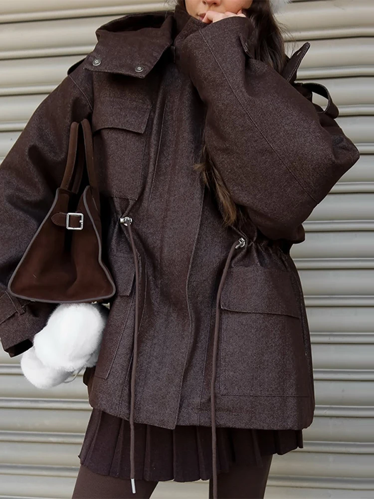 Kapuzenjacke mit Mehreren Taschen und Kordelzug für Damen, Streetwear-Stil mit Stehkragen, Epauletten, Langen Ärmeln, Locker Geschnittene Mäntel, Schicke Damen-Oberbekleidung – Detail 11
