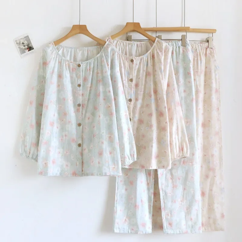 

2025 Spring and Autumn New Pajama Set 100% Cotton Gauze Long Sleeve Long Pants Two Piece Sweet Style Home Clothing Set