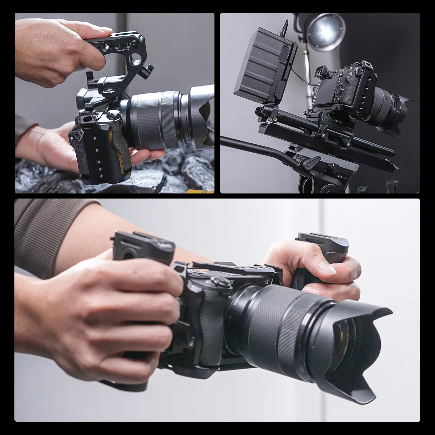 قفص كاميرا سيلينز لـ DSLR SONY A6700 مع فتحات توسيع متعددة حافظة واقية للتصوير الفوتوغرافي مجموعة أدوات تصوير مدونة الفيديو المحمولة