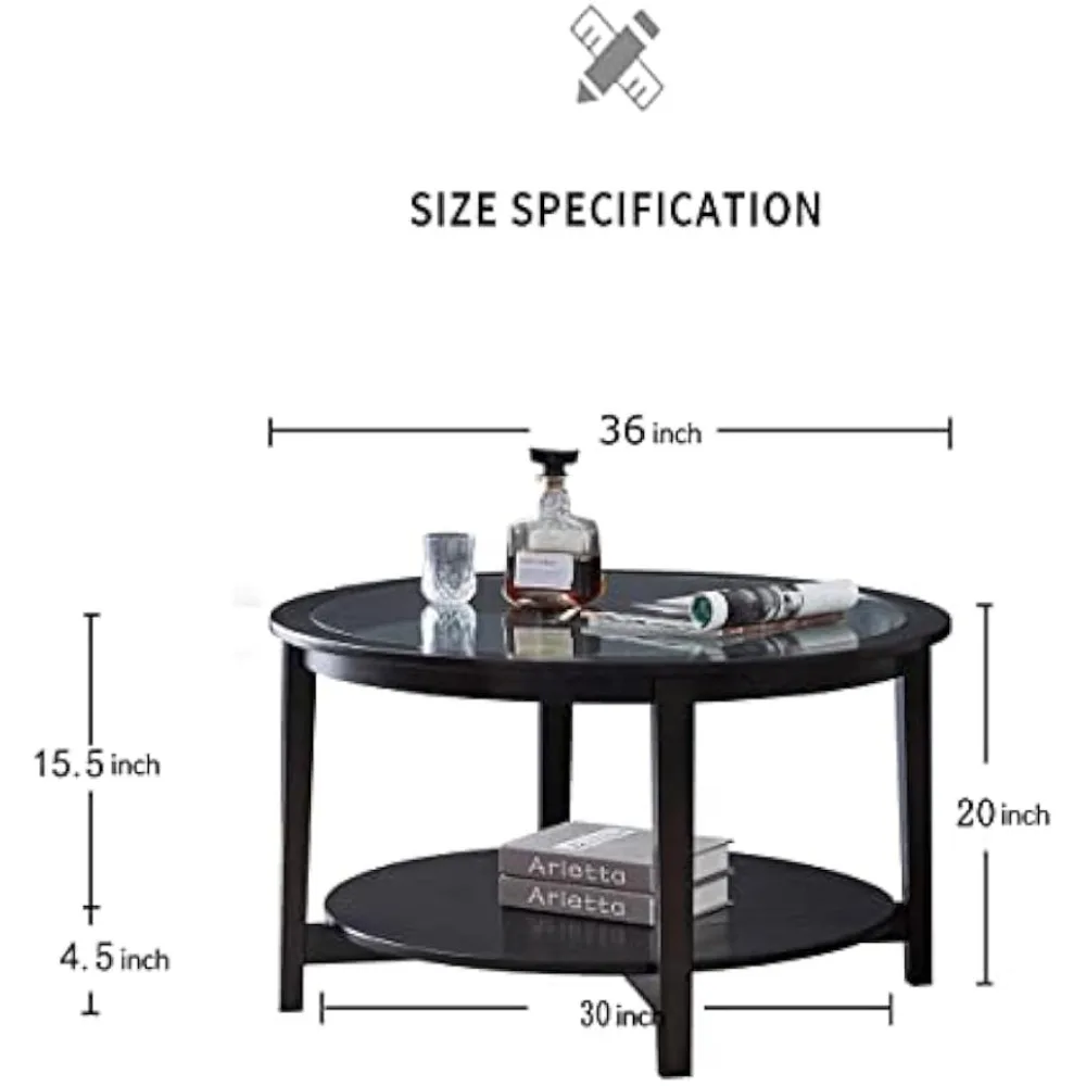 Modern Solid Wood Round Coffee Table with Tempered Glass Top,36 Inch Round Sofa Table for Living Room
