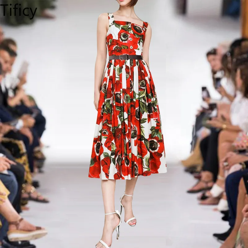 

high quality 2024 Summer New Women's Bra Print Red Flower Green Leaf Waist Wrapped Mid length Sweet Sling Dress with Belt