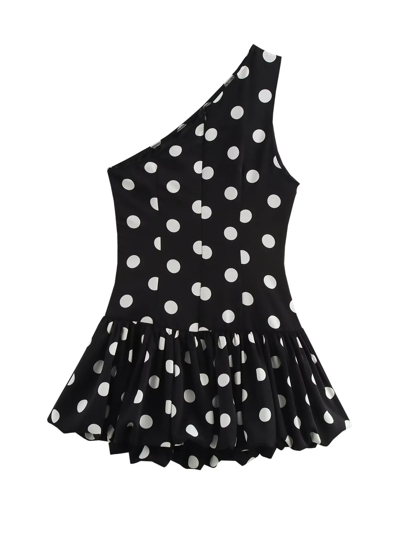Zevity Women Fashion Single Shoulder Polka Dots Print Asymmetrical Slim Dress Female Hem Pleats Casual Party Vestidos DS9168 view 2