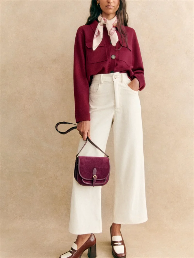 Maglione donna tinta unita colletto rovesciato manica lunga monopetto Cardigan lavorato a maglia femminile con tasche 2024 primavera autunno