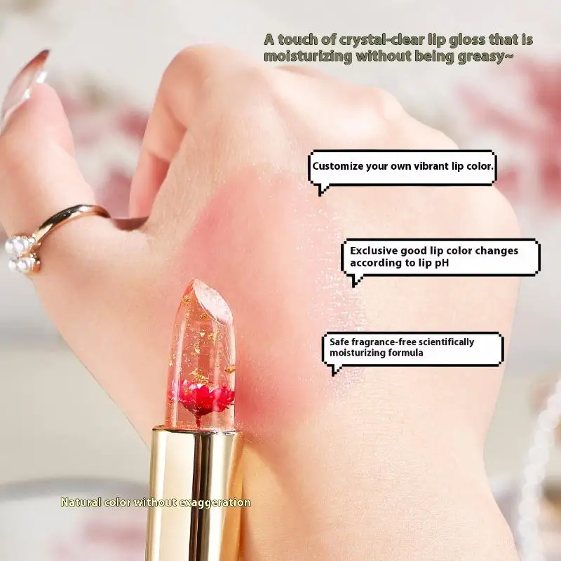 Ccatm batom transparente com flor de gelatina, hidratante, à prova d'água, mudança de cor, bálsamo labial de longa duração, maquiagem de flores, brilho labial