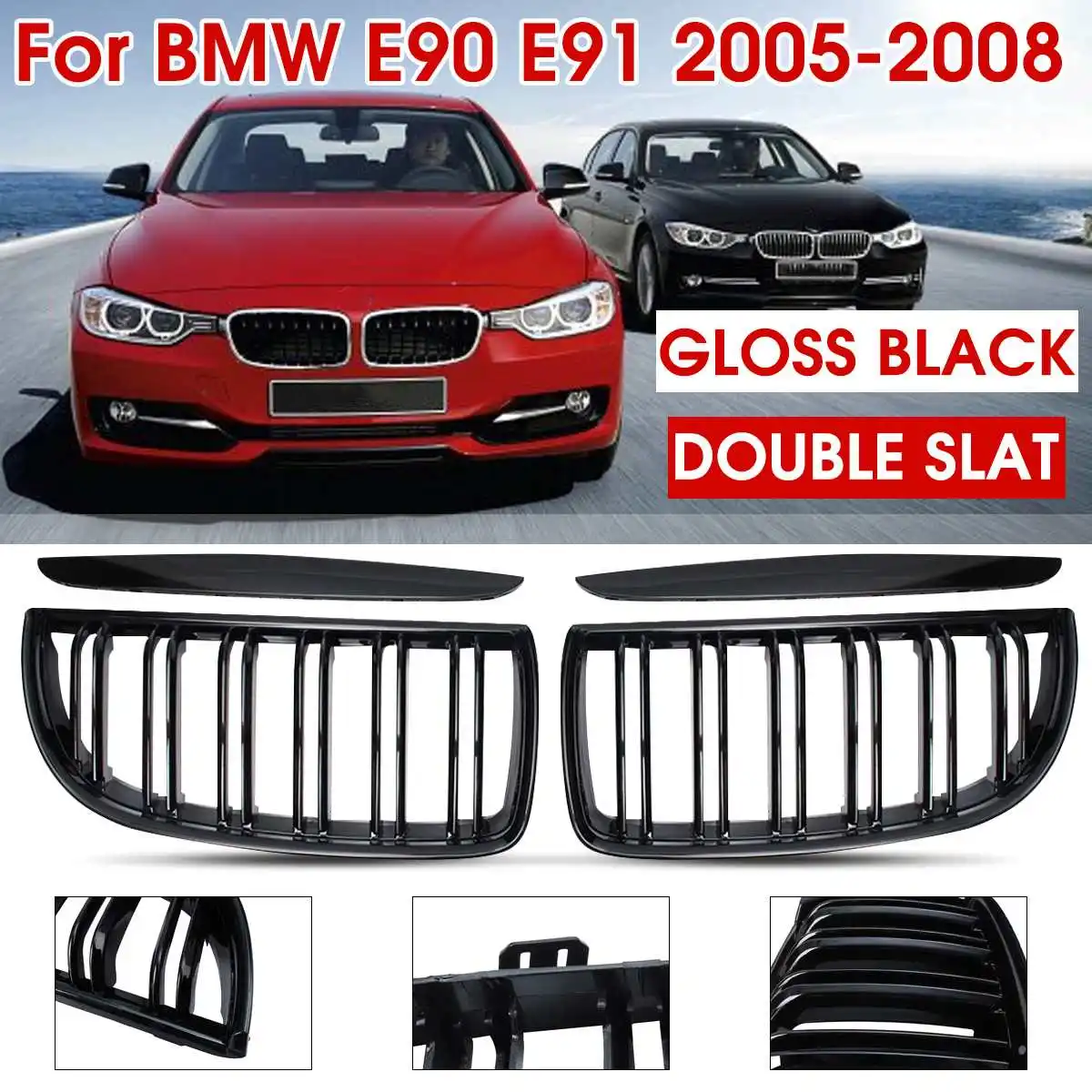 

Pair Racing Grills For BMW E90 323I 328I 335I 330I 325I E91 3-Series 2005-2008 Front Kidney Grille Hood Grills -Double Line