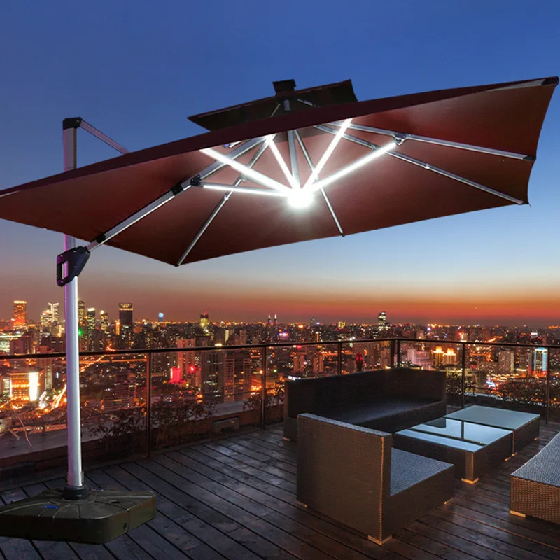High Quality Sunshade Parasol Aluminum Umbrella Outdoor Furniture Sun Shelter Umbrella with Solar Lightning for Patio Beach