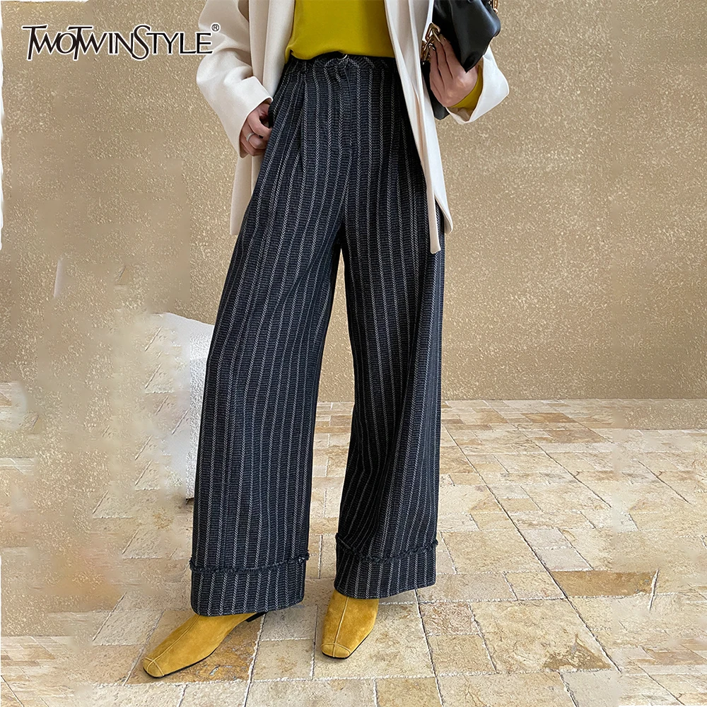 

TWOTWINSTYLE Solid Striped Loose Pant for Women High Waist Temperament Wide Leg Pants Female Fashion Style Clothes