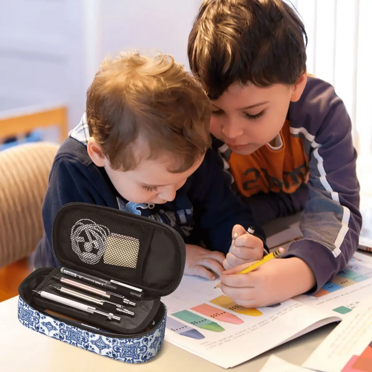 Estuches de lápices de azulejo Mediterráneo Floral adornado azul, bolsas de bolígrafos de gran capacidad, caja de bolígrafos, bolsa de lápices para niños, niñas y estudiantes