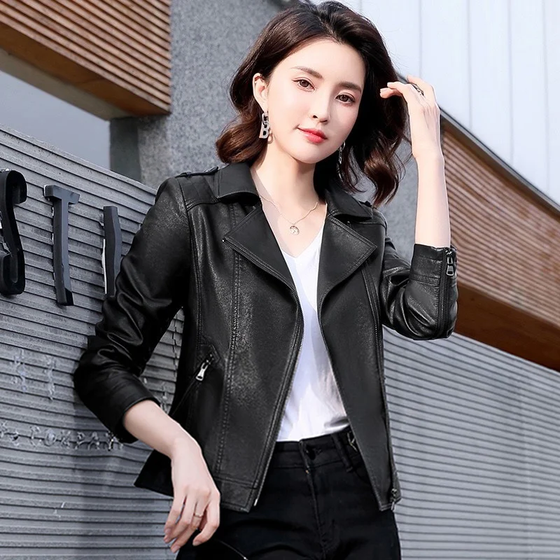 Moto Short New Women Leather Jacket Spring Autumn Fashion Turn-down Collar Slim Waist Sheepskin Jacket Split Leather Biker Coat