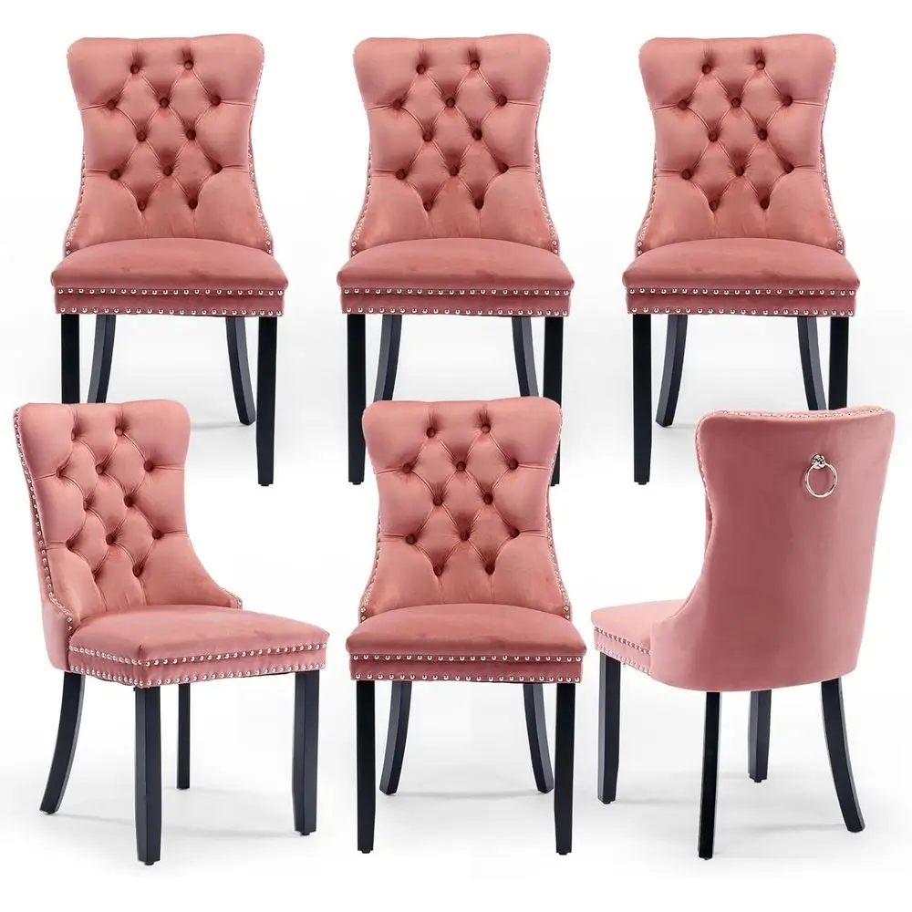 

Set of 6 Pink Upholstered Dining Chairs with Nailhead Trim and Wooden Legs for Home or Restaurant