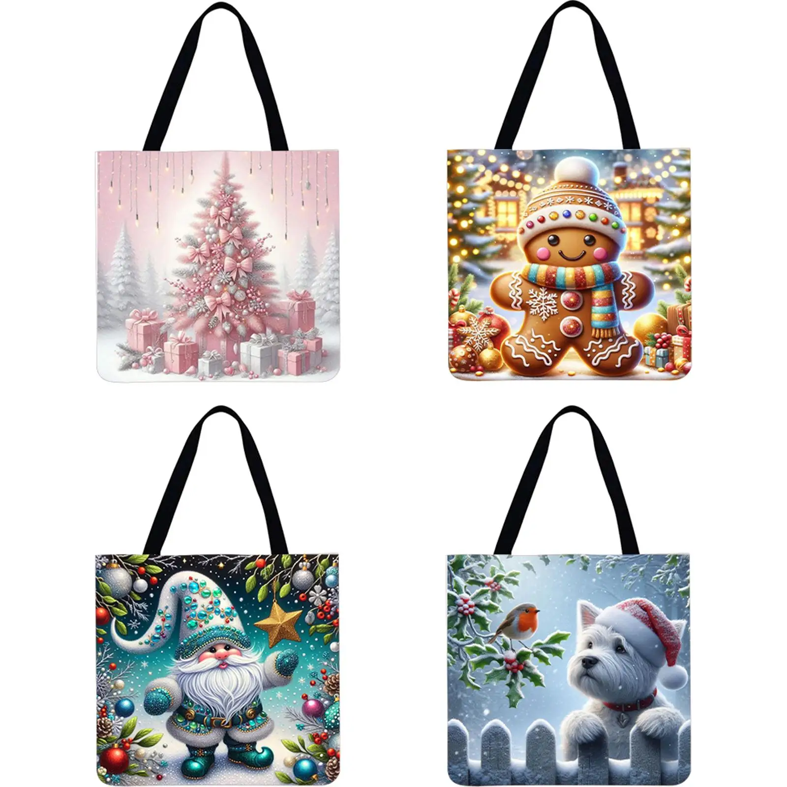 

4pcs Christmas Linen Tote Bag Handbag Large Capacity Women Shopping Shoulder Bag