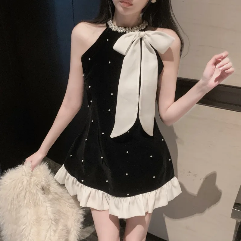 Sweet Bow Ruffles A-Line Party Dress Women Sweet Pearl Diamond Black Dresses Loose Beading Ruffles Niche  Bottom Princess Dress