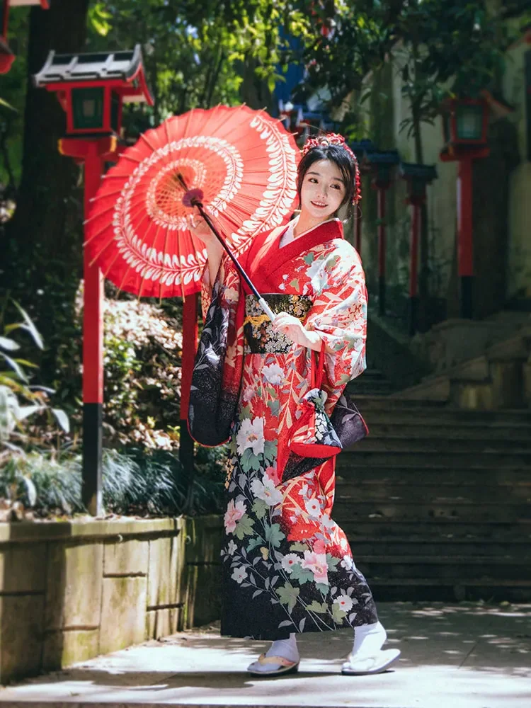 Retro vestido longo cosplay traje fotografia wear feminino cor vermelha estampas florais japão tradicional quimono manga longa yukata
