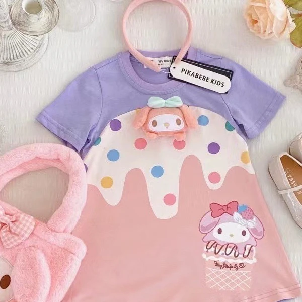 Sanrios My Melody Baby Dress para meninas, Anime Kawaii Princess Dresses, T-shirt de boneca infantil, saia de algodão infantil, roupas de verão