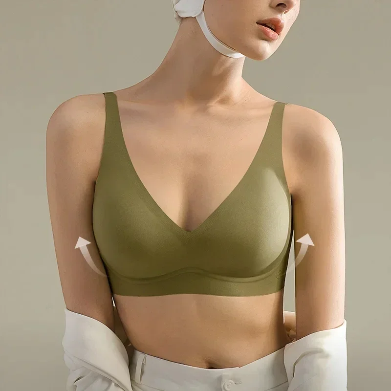 SUJIIN Sexy Push Up Wireless Bras for Womem Female Bralette Soft Support Invisible Lift V Neck Padded Smoth Seamless Bra MX208