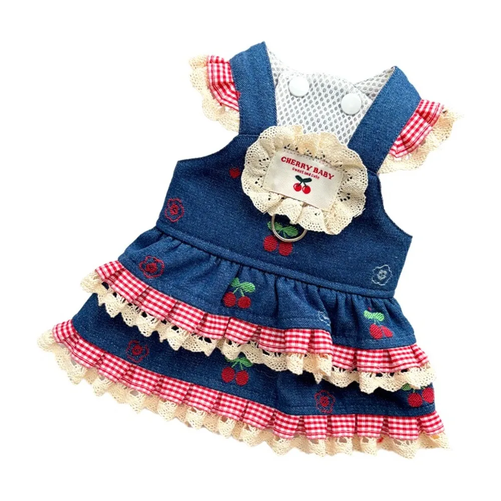 Denim Cherry Pet Dog Skirt Breathable Mesh Suspender Dress Dog Denim Dress Lace Soft Vest Cat Clothes Spring Summer