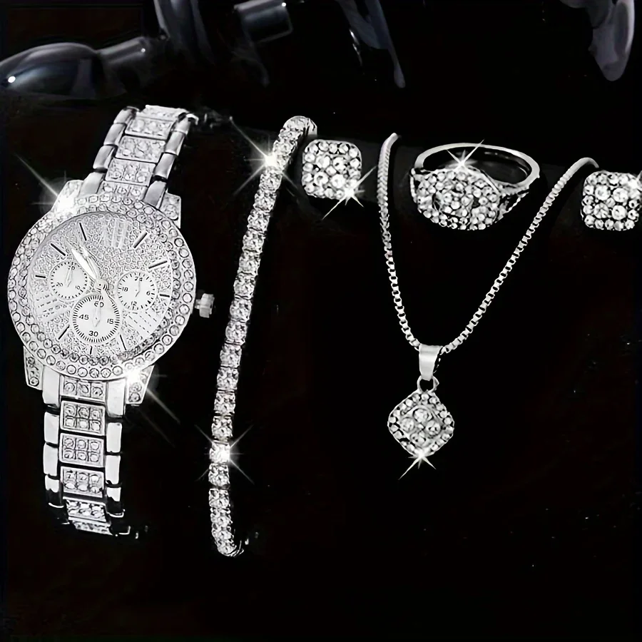 Silvery Rhinestone Quartz Watch Rome Fashion Analog Wrist Watch & 5pcs Jewelry Set, Gift For Women Her