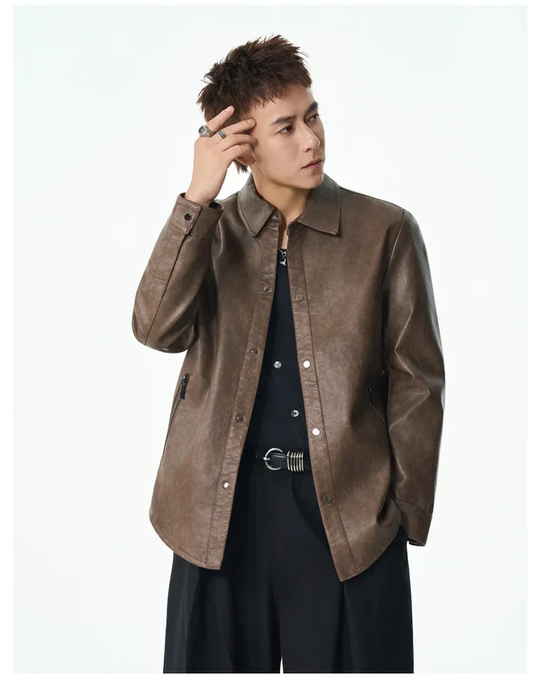 Men's Solid Color Turn-down Collar Single-breasted Long Sleeve Casual Trendy Simple Loose Faux Leather Coats Male Jackets Tops