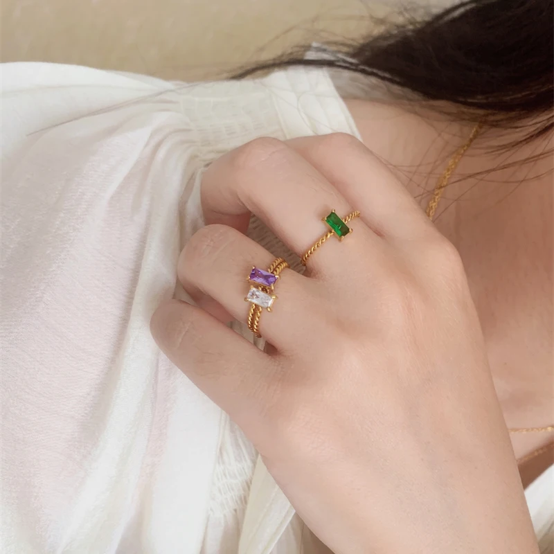 New Ladies Delicate Colorful Purple Green Yellow Cubic Zirconia Square Rings For Women Stainless Steel Braid Ring Jewelry Gift