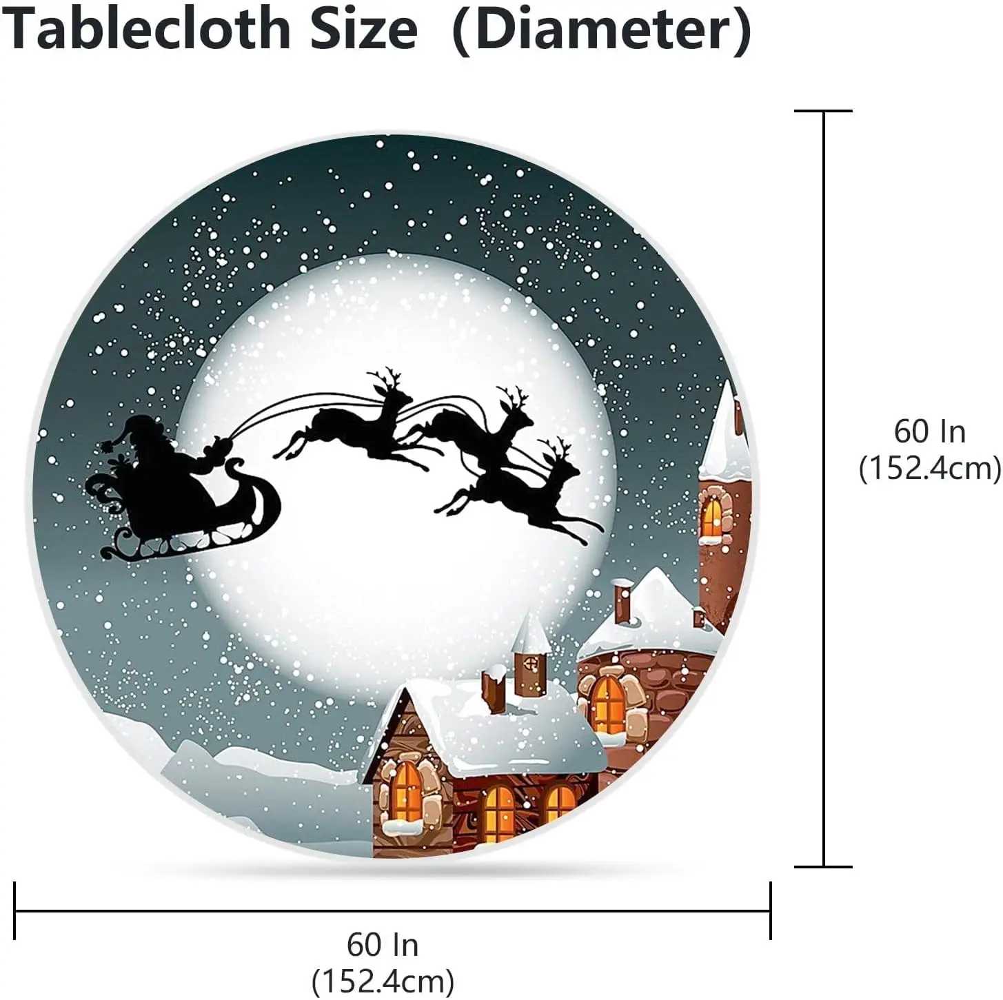 Santa Claus Sleigh Snow Christmas Eve Decorative Winter Vintage Grey Round Table Cloth for Family Christmas Party 60 Inch