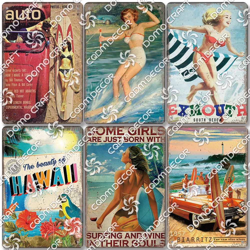 Surfing Board Sexy Girls Plaque Metal Tin Sign Hawaii Beach Vacation Metal Poster Wall Art Decor for Bar Pub Club Living Room