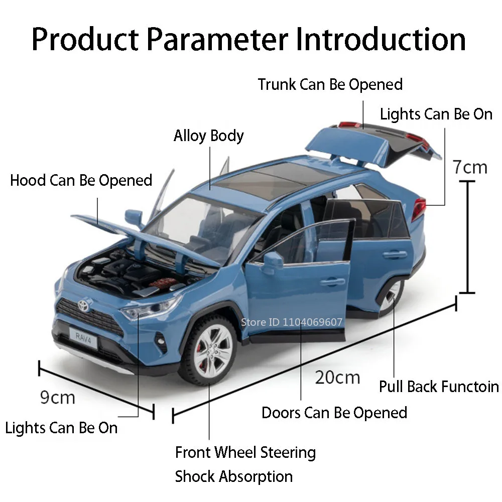 1:24 RAV4 Sienna FJ Cruiser Model Toy Cars Alloy Diecast Miniature Vehicles Doors Opened Pull Back Sound Light for Kids Gifts